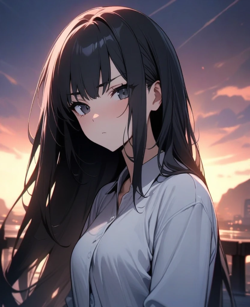 masterpiece, best quality, very aesthetic, absurd, up to date,1 Girl, (calm,Indifferent,calm),Black hair,Long hair,#5: Parted Bangs,High Ponytail,Gray Highlights,Black pupil,Sleeveless sports vest,short