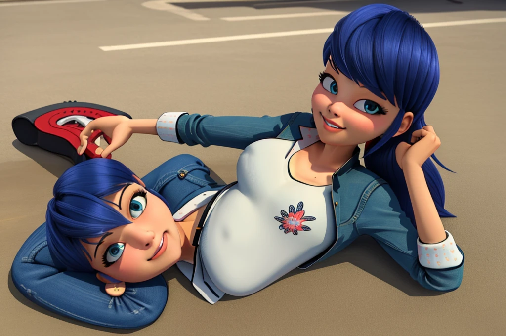 (8k, RAW photo, best quality, masterpiece:1.2), (intricate details), perfect eyes, perfect face, perfect lighting, beautiful, (masterpiece:1.2), (best quality:1.2), 1girl, solo, Marinette, blue hair, ((long hair)), adult torso, 17 years old, slight smile, big sized breasts, (denim skirt, short skirt, red navel t-shirt, jacket, sunglasses), cowboy shot, 3DMM, lying on the ground, looking at the viewer, sexy, full body, horizontal