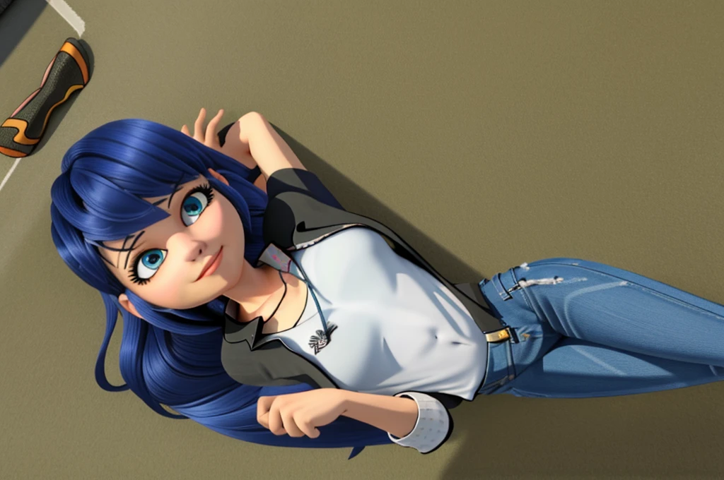 (8k, RAW photo, best quality, masterpiece:1.2), (intricate details), perfect eyes, perfect face, perfect lighting, beautiful, (masterpiece:1.2), (best quality:1.2), 1girl, solo, Marinette, blue hair, ((long hair)), adult torso, 17 years old, slight smile, big sized breasts, (denim skirt, short skirt, red navel t-shirt, jacket, sunglasses), cowboy shot, 3DMM, lying on the ground, looking at the viewer, sexy, full body, horizontal