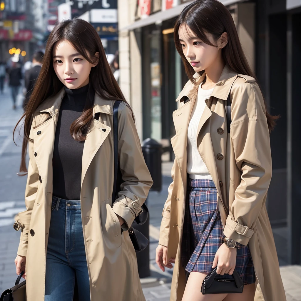 Beautiful chinese girl, wearing tight cryptic trench, carrying a bag on her shoulder