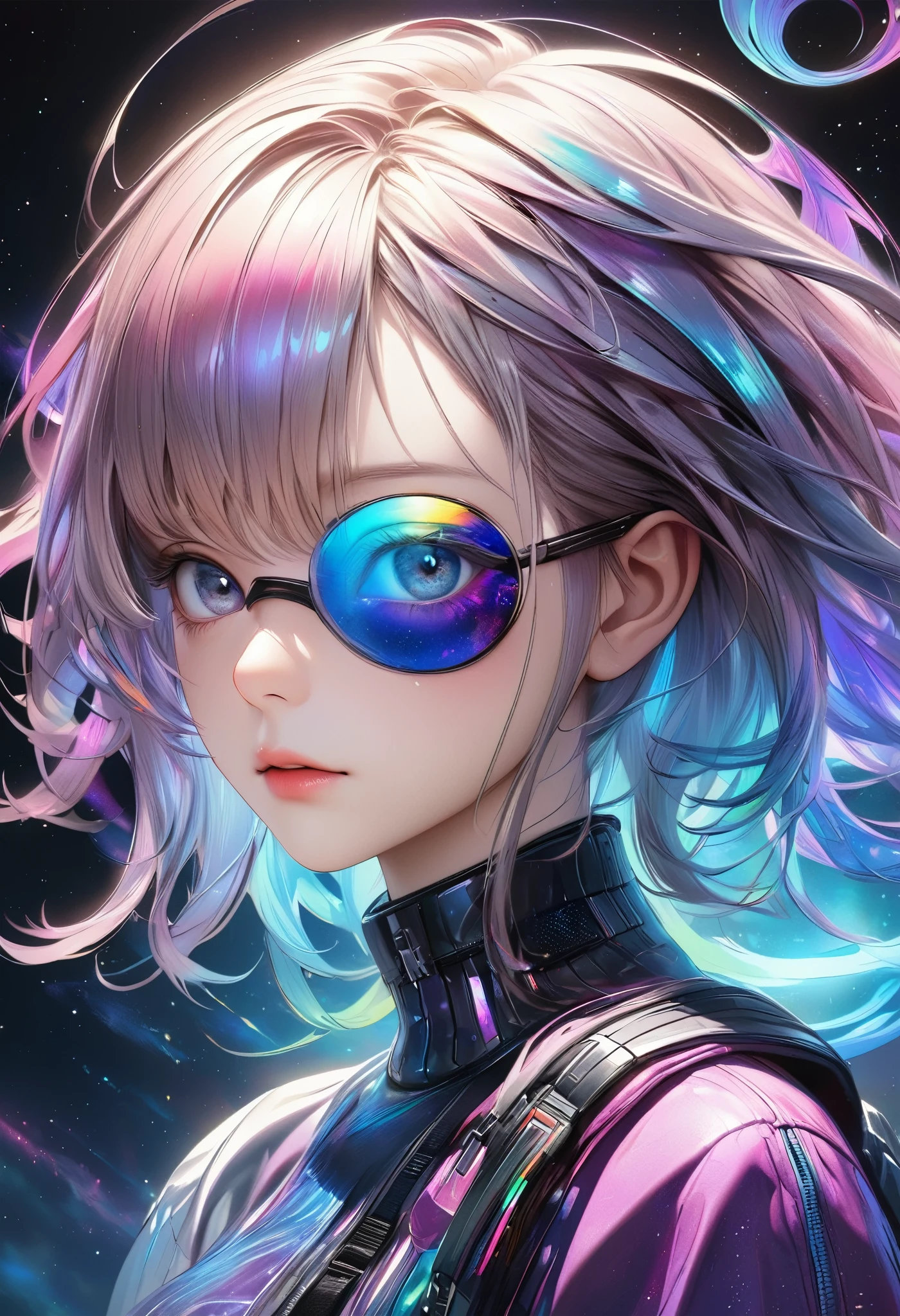 ([Eye patch:Expanding black hole:0.3], Swirling Galaxy, no gravity), Absurd aesthetics, 
BREAK Seamless Blend, holographic, Fantastic iridescent colors, cyber punk, 
BREAK Ultra-realism, Detailed and realistic skin texture, Detailed and intricate texture, Detailed and intricate brushwork, Detailed and clear depiction, Anatomically correct, Absurd aesthetics, 
BREAK A dark background that makes the subject stand out, 
BREAK Dramatic Cinematic Lighting, 
BREAK A powerful and bold composition, 
Transparent Full color, 
Dynamic face shot, 
BREAK Re-drawing into a clear and vivid work, highest quality render, Highest quality, Highest Resolution, 
Transparent Full color, Ultra-Realistic, 
