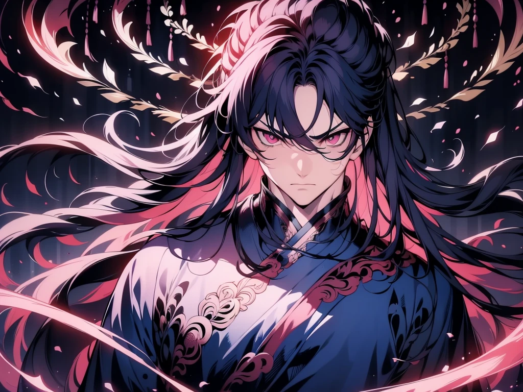 a boy , Face Focus, Single character, Tall anime man，With deep pink eyes, Cool anime poses, Anime Illustrations, Kentaro Miura style, Kentaro Miura's artistic style,Inspired by Okumura Tougyu,Looking at the audience, high resolution, Super sharp, 8K, masterpiece，I am the strongest ancient holy body in history，He has defeated countless supreme beings，Guarding this world for a million years。pity，Still can&#39;t resist the invasion of time。

