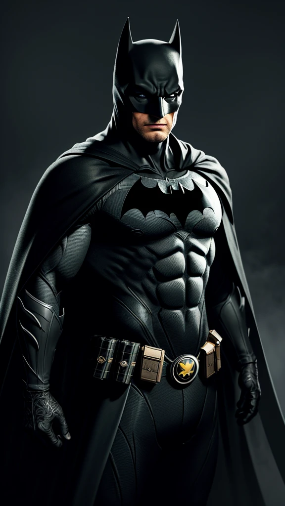 Batman,eye, expensive, piece, Muscular, Black suit, Intricate details of the suit, Highest quality, masterpiece, Long black cape, short ears on the helmet, 白いeye, No students, Serious face, ultra detailed suit, Detailed face, Powerful pose, Highest quality, High resolution:1.2, Utility Belt, night, Dark atmosphere, Flowing Cape, Awards, Shadow, Volumetric lighting