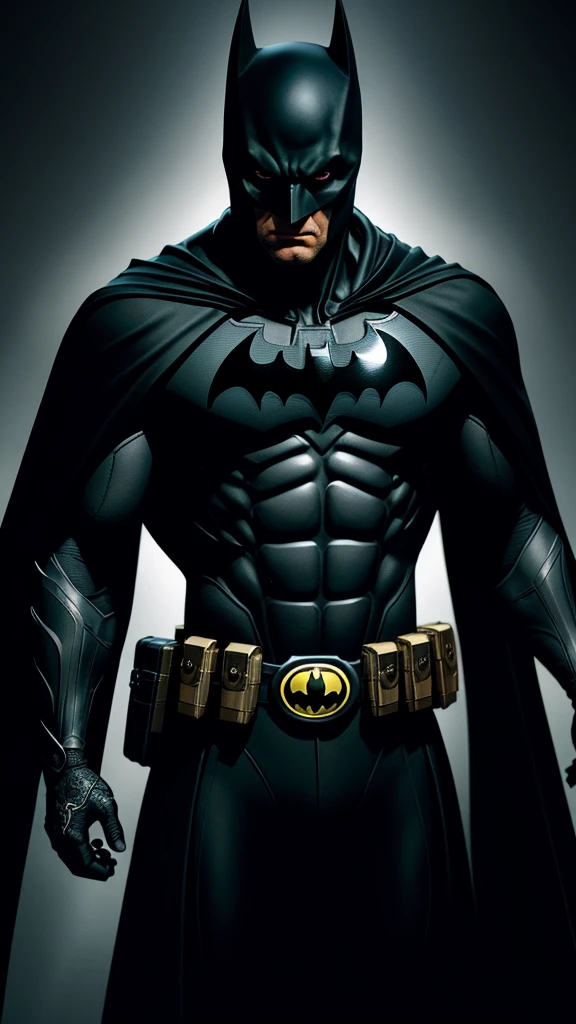 Batman,eye, expensive, piece, Muscular, Black suit, Intricate details of the suit, Highest quality, masterpiece, Long black cape, short ears on the helmet, 白いeye, No students, Serious face, ultra detailed suit, Detailed face, Powerful pose, Highest quality, High resolution:1.2, Utility Belt, night, Dark atmosphere, Flowing Cape, Awards, Shadow, Volumetric lighting
