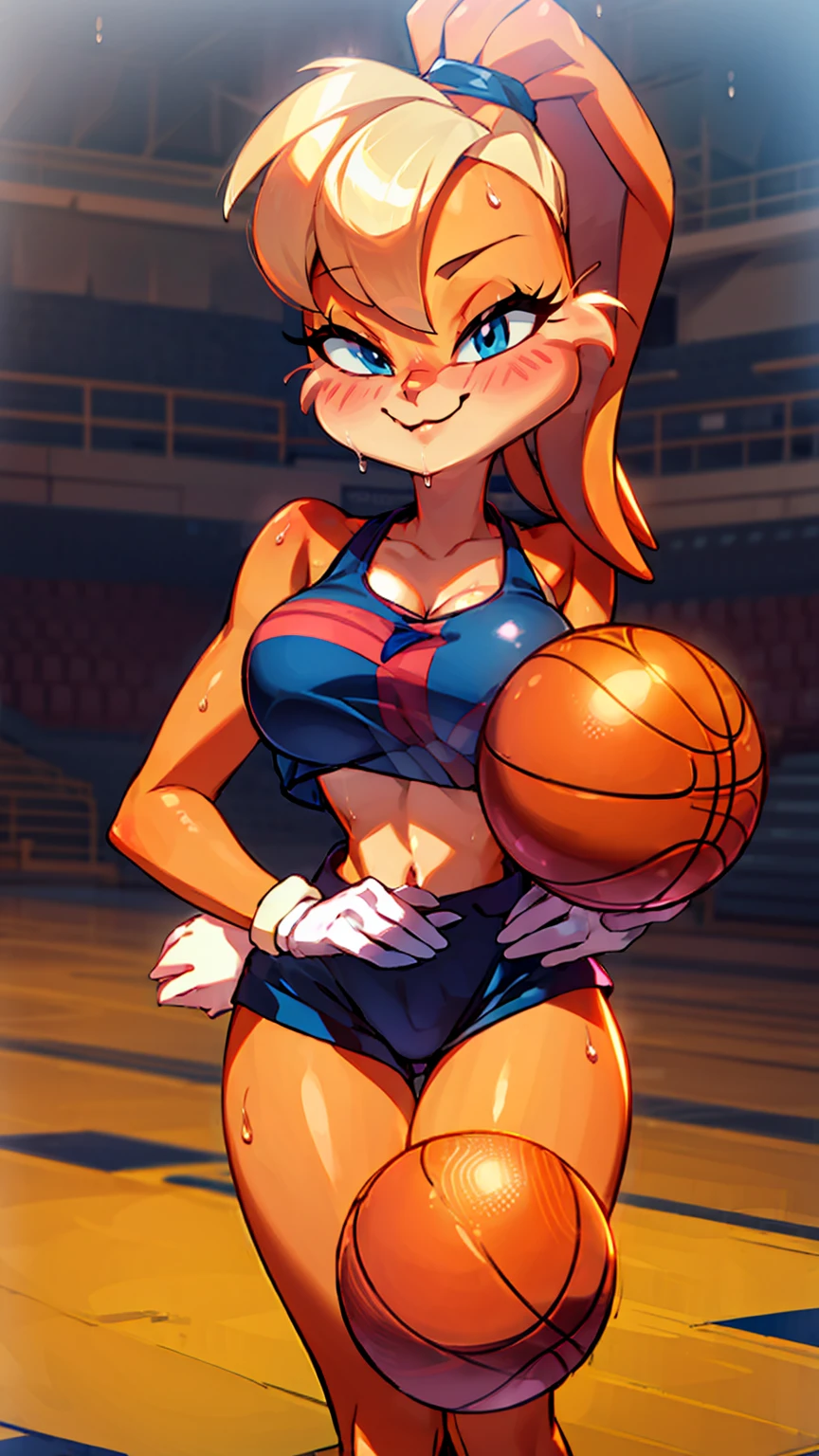 mobian, hedgehog, two-tone fur ((orange fur, brown fur)), basketball attire, cleavage, high-top sneakers, two-tone hair (brown hair, black tip)), curly hair, halo, sunglasses, jewelry, red eyes, longeyelashes, red eyes, smile, shy, blush, high detail, masterpiece, UHD, anatomically correct, super detail, highres, 4K