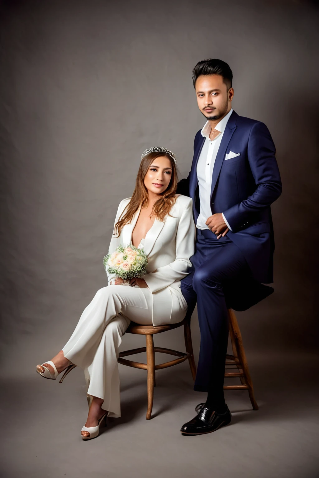man and woman in white sitting on a chair , a luxury white room in studio , wedding photo, couple portrait, couples portrait, full body photoshoot, couple pose, very luxurious backdrop in photo studio , garden flower backdrop