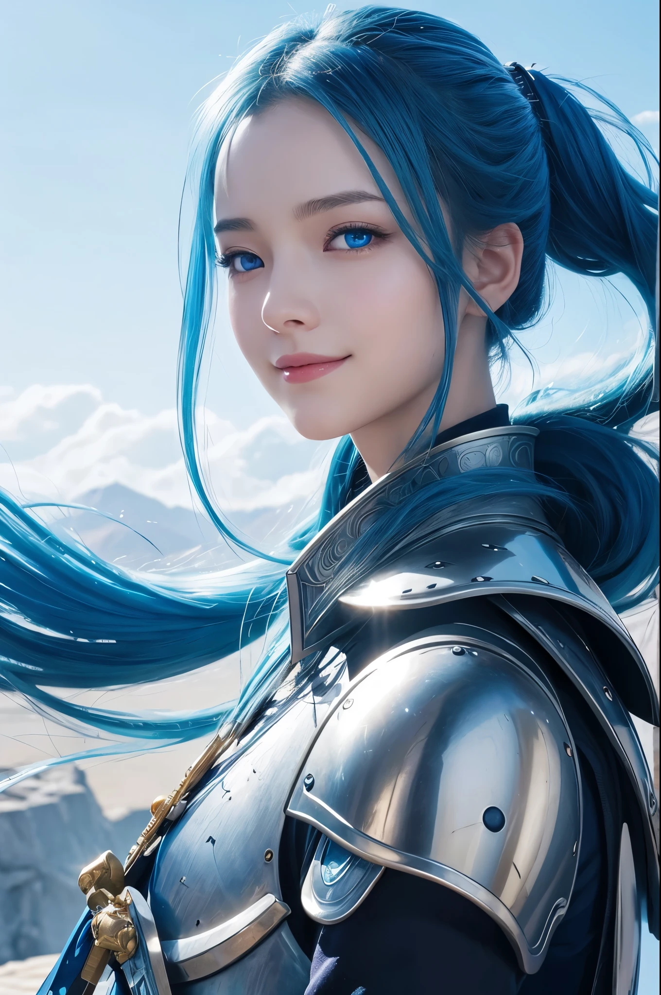 8k,Close-up of a woman in a blue and white dress、Draw your sword,Shiny blue hair, Super Beauty,(Like the real thing)blue eyes,An innocent smile.ponytail,Chengwei Pan at Art Station、 By Yang Jo、 Detailed fantasy art、Amazing character art、 Fan Art Best Art Station、 Gorgeous and detailed character art、 Beautiful Armor、Highly detailed art gems、 Detailed digital animation art、 Art Station pixiv's artgerm、 Girl in armor,Dynamic Angle,Ultra-high resolution,Realistic Skin,attractive,Sexy,Active,Rich colors, Backlight, Cinema Lighting, Film Grain, 50mm lens, Nikon D850,Ultra-high resolution,Ultra-realistic,compensate,Super sexy,Big eyes,Beautiful breasts,Dynamic pose,Smiling with teeth showing,
