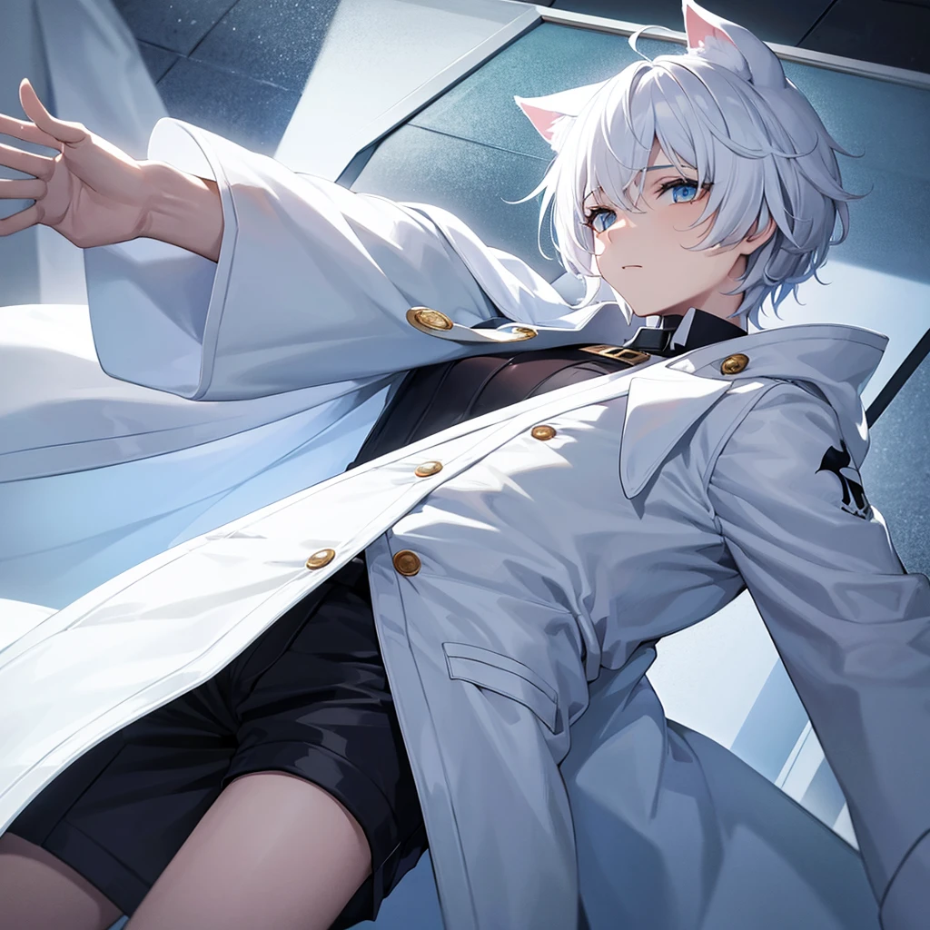 Photo of a 15 year old boy with very cute anime style with white coat, white eye, white hair and With white cat ears