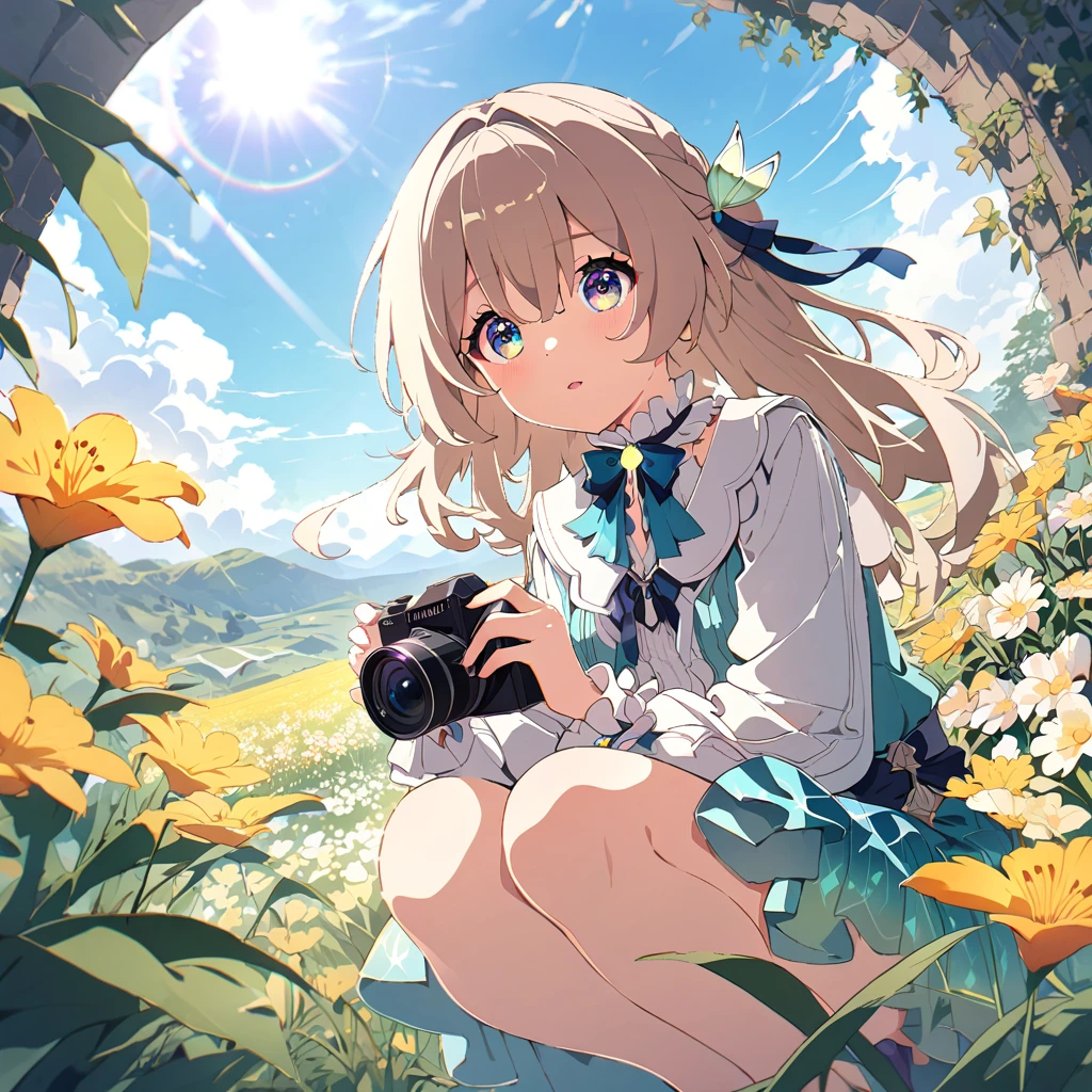 firefly \(honkai: star rail\):1.5), extremely pretty teen girl, truly lovely face, wavy glittering brown hair, ponytail, hair ribbons, brilliant topaz eyes, glossy lips, shiny skin, slender body, wearing well designed girly frilled dress, girly cardigan, holding a retro camera, squatting down and shooting photos of flowers, outdoor, marvelous botanical gagrden, grassy field, various kinds of flowers, full bloom, flowing petals, colorful view, sunny day, transparent blue sky, white clouds, glittering sun shine, breeze, {(masterpiece, best quality), (absurdres absolutely resolution), (8k), (detailed illustration), (super fine illustration), (vibrant colors), (professional lighting), detailed beatiful face, detailed beatiful eyes, detailed beatiful hair, nice hands, perfect hands, detailed background, cinematic angle, dynamic angle, dynamic pose, distant view, (looking away:1.4)},AddXL,shine colorful,