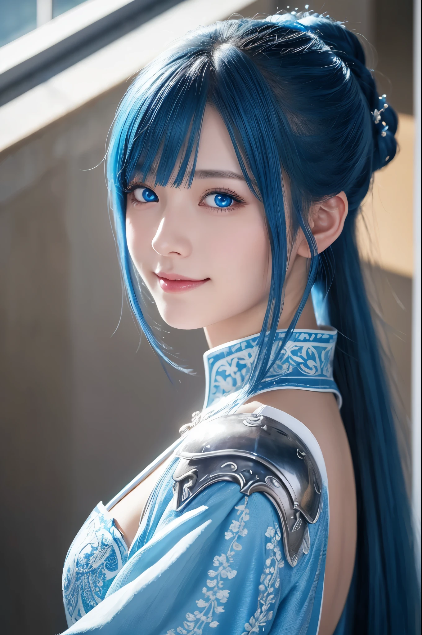 8k,Close-up of a woman in a blue and white dress、Draw your sword,Shiny blue hair, Super Beauty,(Like the real thing)blue eyes,An innocent smile.ponytail,Chengwei Pan at Art Station、 By Yang Jo、 Detailed fantasy art、Amazing character art、 Fan Art Best Art Station、 Gorgeous and detailed character art、 Beautiful Armor、Highly detailed art gems、 Detailed digital animation art、 Art Station pixiv's artgerm、 Girl in armor,Dynamic Angle,Ultra-high resolution,Realistic Skin,attractive,Sexy,Active,Rich colors, Backlight, Cinema Lighting, Film Grain, 50mm lens, Nikon D850,Ultra-high resolution,Ultra-realistic,compensate,Super sexy,Big eyes,Beautiful breasts,Dynamic pose,Smiling with teeth showing,