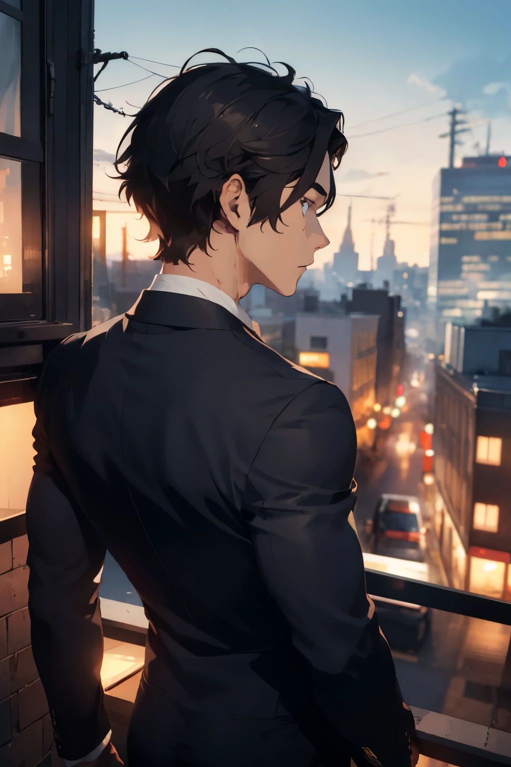 Half-body portrait of a young man with his back turned, muscular back, brown hair, blue eyes, wearing a plain black suit. Turn around and look back at the half-body picture. Cool look back.. city view at night