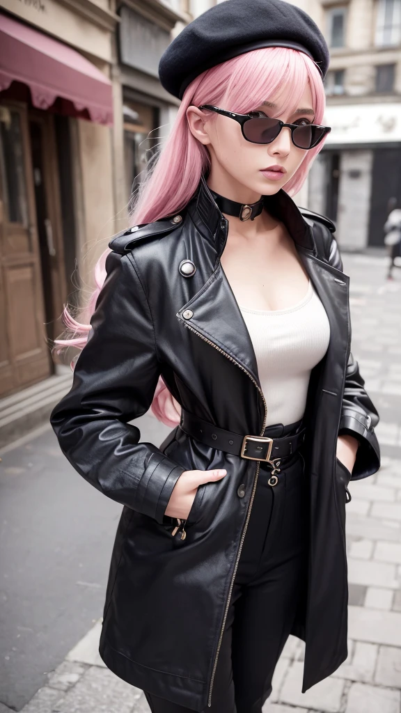 4K, realistic, very detailed, Super Detailed Eyes, fashionable clothes, trench rose, French beret, pantalon noir avec ceinture, cheveux longs, dans la ville,  cheveux roses, yeux violets, ouais miko, porter des lunettes de soleil à la mode,