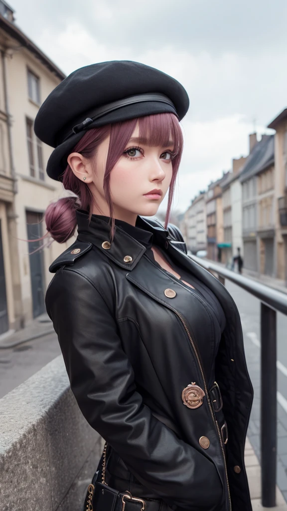 4K, realistic, very detailed, Super Detailed Eyes, fashionable clothes, trench rose, French beret, pantalon noir avec ceinture, cheveux longs, dans la ville, cheveux roses, yeux violets, ouais miko, porter des lunettes de soleil à la mode,