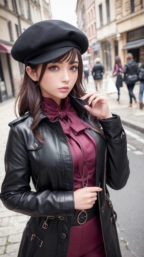 4K, realistic, very detailed, Super Detailed Eyes, fashionable clothes, trench rose, French beret, pantalon noir avec ceinture, cheveux longs, dans la ville, cheveux roses, yeux violets, ouais miko, porter des lunettes de soleil à la mode,