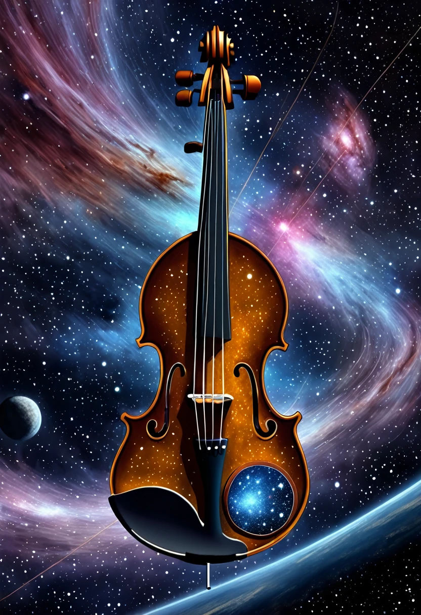 dreamlikeart, galaxy, outer space, nebula, star, [cyberpunked] Three string fiddle from the stars (star:1.5),