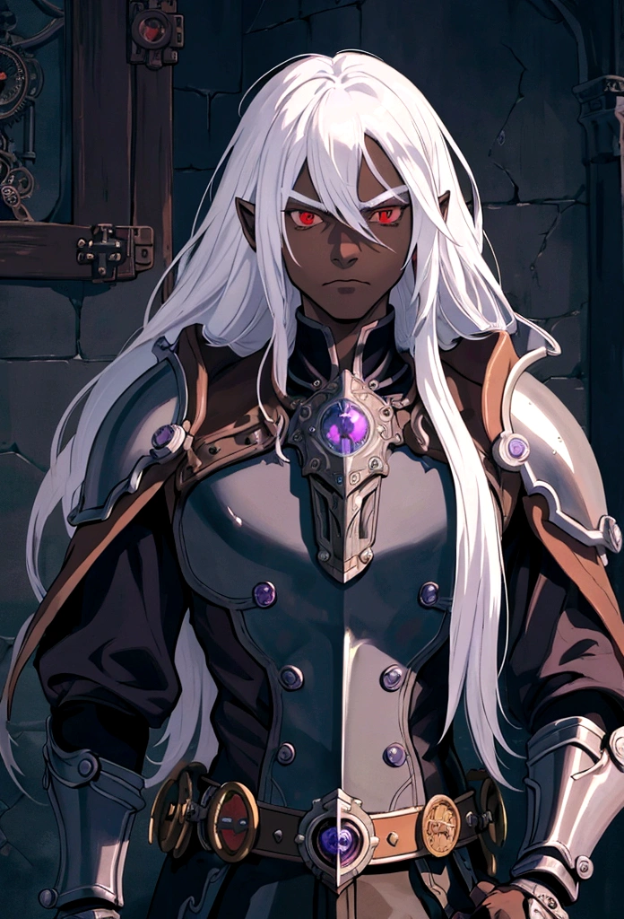 ((best quality)), ((masterpiece)), (detailed), ((boy)), (mix between steampunk anddungeonpunk), drow, upper body, portrait, red eyes, long white hair, Xemnas from Kingdom Hearts, half-drow, dark skinned, (full knight armor), paladin, serious face, dramatic lightning, dungeons and dragons character, purple theme