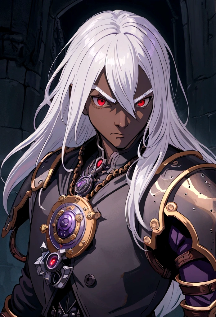 ((best quality)), ((masterpiece)), (detailed), ((boy)), (mix between steampunk anddungeonpunk), drow, upper body, portrait, red eyes, long white hair, Xemnas from Kingdom Hearts, half-drow, dark skinned, (full knight armor), paladin, serious face, dramatic lightning, dungeons and dragons character, purple theme