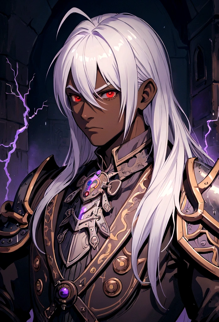 ((best quality)), ((masterpiece)), (detailed), ((boy)), (mix between steampunk and dungeonpunk), drow, upper body, portrait, red eyes, long white hair, Xemnas from Kingdom Hearts, half-drow, dark skinned, (full knight armor), paladin, serious face, dramatic lightning, dungeons and dragons character, purple theme