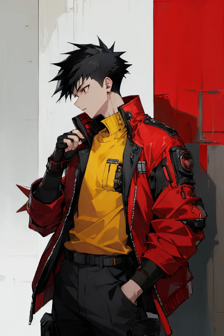 ((Highest quality)), ((masterpiece)), (be familiar with), 1 male, alone, Black Hair,Spiky Hair,cargo pants,Red jacket,Yellow Shirt,Large,Fingerless Gloves, cyber punk,SF,