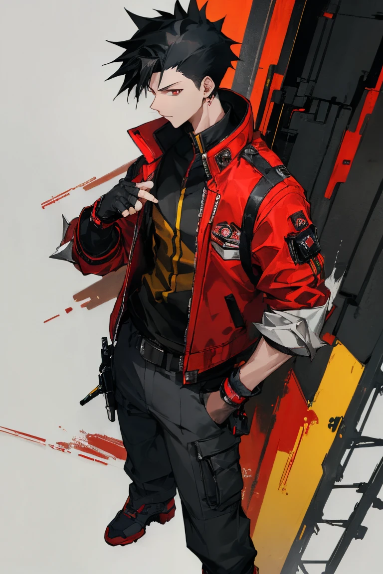 ((Highest quality)), ((masterpiece)), (be familiar with), 1 male, alone, Black Hair,Spiky Hair,cargo pants,Red jacket,Yellow Shirt,Large,Fingerless Gloves, cyber punk,SF,