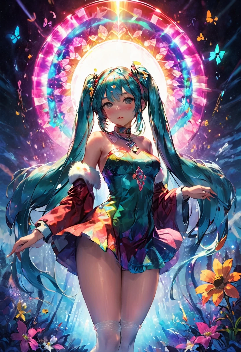 (Highest quality, 4K, 8k, High resolution, masterpiece:1.2), Super detailed, (Realistic, photoRealistic, photo-Realistic:1.37), expressive aesthetics, 1960s counterculture, Brightly colored humanoids, Psychedelic Art, Retro art style, Crisp details, abstract pattern, , , , , Flower Power, , Psychedelic Background, Fractal Art, Multicolored neon lights, A unique and trippy perspective, landscape, Hallucinations, a mind-changing experience, Motion Blur, Fluid movement, Synthesizer Sounds, Realistic fur rendering, Rich and vibrant color palette, , Mysterious glow, high contrast lighting, , , One girl, alone, , , , , , empty eyes, blank eyes, gleaming skin, , , wrist cuffs, , , , , red cheek, , , , , , Nipples, , , pussy, ahegao, Shiny rosy lips, Sexy posture, dynamic pose,Lens flare, Hatsune Miku, bdsm, paizuri
