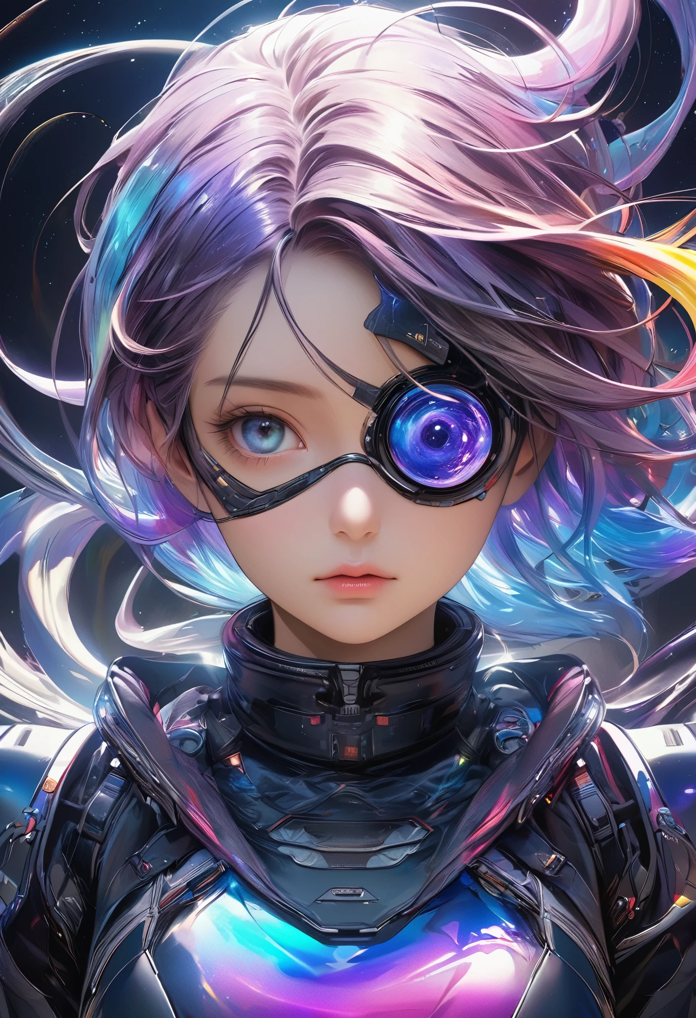 ([Eye patch:Expanding black hole:0.3], Swirling Galaxy, no gravity), Absurd aesthetics, 
BREAK Seamless Blend, holographic, Fantastic iridescent colors, cyber punk, 
BREAK Ultra-realism, Detailed and realistic skin texture, Detailed and intricate texture, Detailed and intricate brushwork, Detailed and clear depiction, Anatomically correct, Absurd aesthetics, 
BREAK A dark background that makes the subject stand out, 
BREAK Dramatic Cinematic Lighting, 
BREAK A powerful and bold composition, 
Transparent Full color, 
Dynamic face shot, 
BREAK Re-drawing into a clear and vivid work, highest quality render, Highest quality, Highest Resolution, 
Transparent Full color, Ultra-Realistic, 