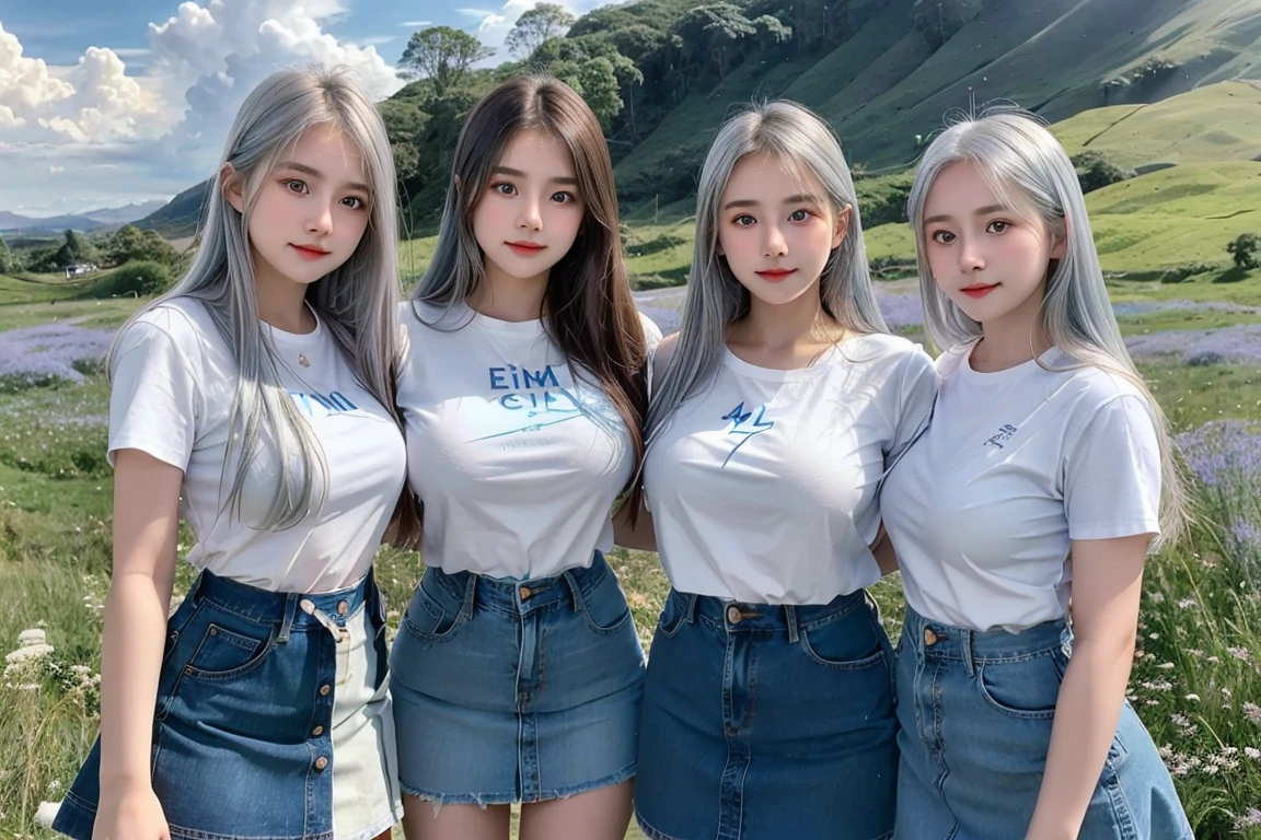 (4 Girls), Indonesian baby face, 20 years old,long hair, white skin, big breast,  blue eyes, meadow, silver hair,  8k,  The details are very realistic..., There is a lot of light..., The best of photography Wear a jeans skirt. A white shirt reveals her breasts. (3 girls)