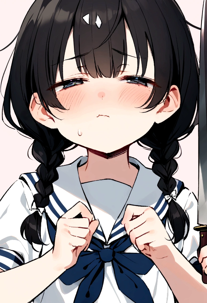 Long black hair, two braids, sailor suit, jitters, loli, short, cute,half eyes, jitters,White triangles in hair、Knife