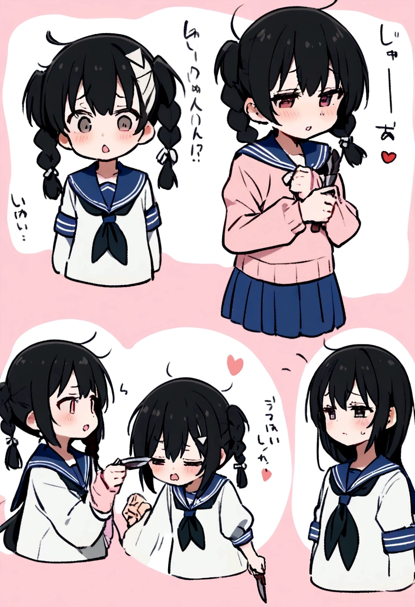 Long black hair, two braids, sailor suit, jitters, loli, short, cute,half eyes, jitters,White triangles in hair、Knife