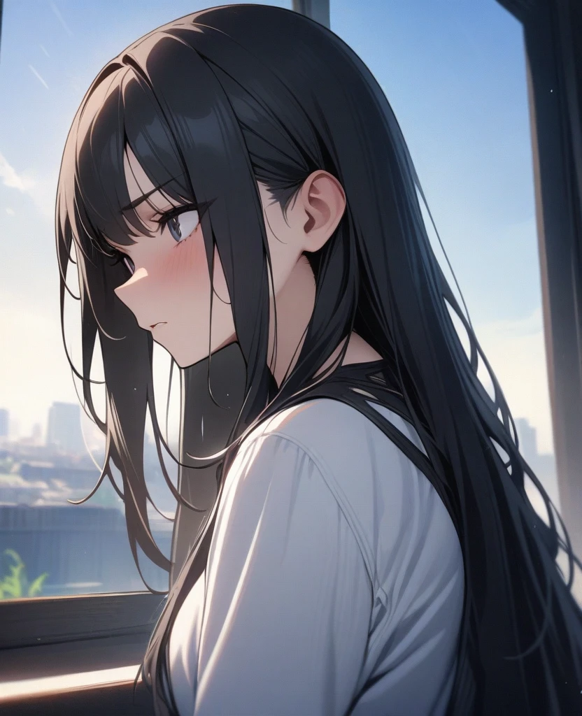 masterpiece, best quality, very aesthetic, absurd, up to date,1 Girl, (calm,Indifferent,calm),Black hair,Long hair,#5: Parted Bangs,braid,Gray Highlights,Black pupil,Sports vest,short,Capable