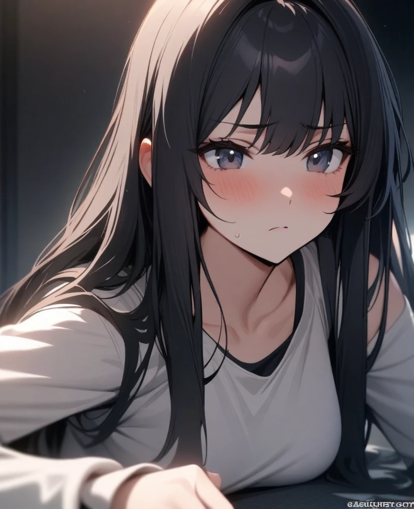 masterpiece, best quality, very aesthetic, absurd, up to date,1 Girl, (calm,Indifferent,calm),Black hair,Long hair,#5: Parted Bangs,braid,Gray Highlights,Black pupil,Sports vest,short,Capable
