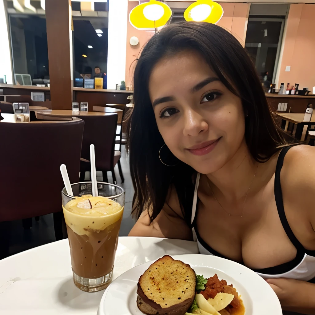 Uma  morena linda selfie, baixa qualidade, foto de celular , restaurante 