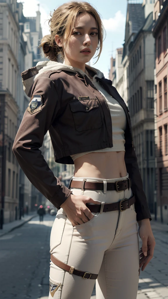 (bestquality,masterpiece), AnnieAOT, solo, hood, hoodie, paradis_military_uniform, jacket, uniform, tight clothes, emblem, feathers, upper body, thigh, hands on hip, emblem, belt, thigh strap, pants, white pants, standing, idle, looking at viewer