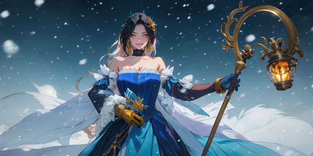 black hair, long hair, parted bangs, golden eyes, curvy, anatomically correct, heavy breathing, huge breasts, dress, 1girl, staff, solo, snowing, bare_shoulders, breasts, gloves, jewelry, holding_staff, snow, blue_dress, detached_sleeves, snowflakes, holding, strapless_dress, choker, strapless, looking_at_viewer, holding_staff, standing, "Photorealistic, Hyperrealistic, Hyperdetailed, analog style, soft lighting, subsurface scattering, realistic, heavy shadow, masterpiece, best quality, ultra realistic, 8k, golden ratio, Intricate, High Detail, film photography, soft focus", (shaded face:1.2), hollow eyes, golden eyes, lips, smirk, upper teeth, cheek,