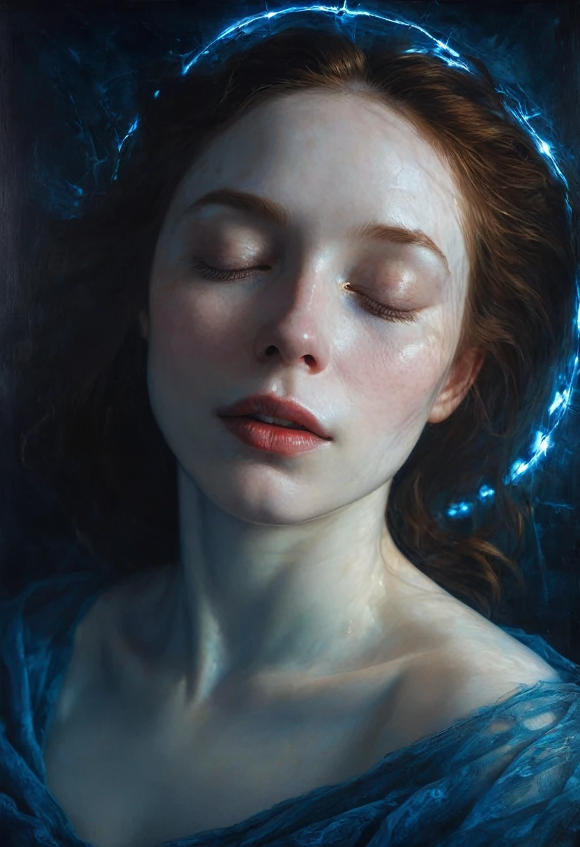 painting of a very close-up portrait of the face of a very pale woman lying down, blue veins shine through the skin, pale lips, a round coin lies on her closed eyes, dark atmosphere, sun glare, frame from top to bottom. cinematic scene, volumetric lights, ultra realistic, in the style of nicola samori