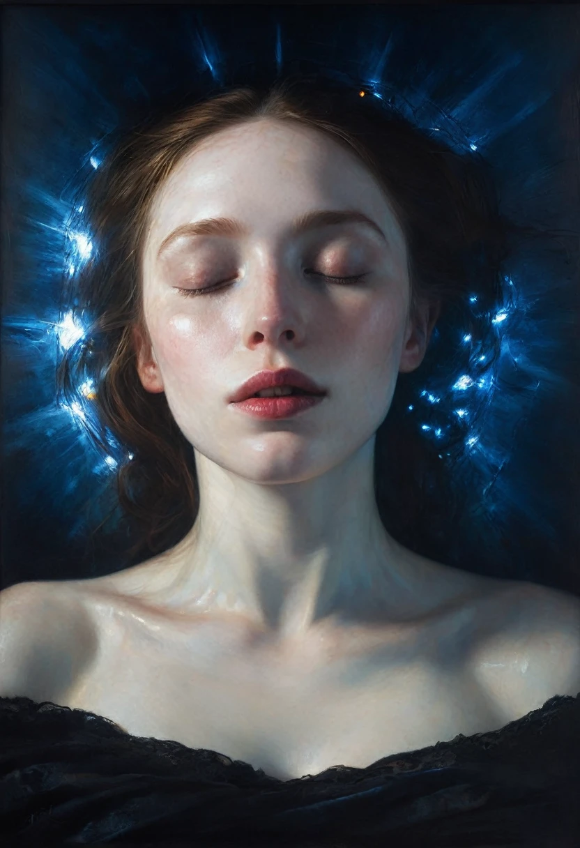 painting of a very close-up portrait of the face of a very pale woman lying down, blue veins shine through the skin, pale lips, a round coin lies on her closed eyes, dark atmosphere, sun glare, frame from top to bottom. cinematic scene, volumetric lights, ultra realistic, in the style of nicola samori