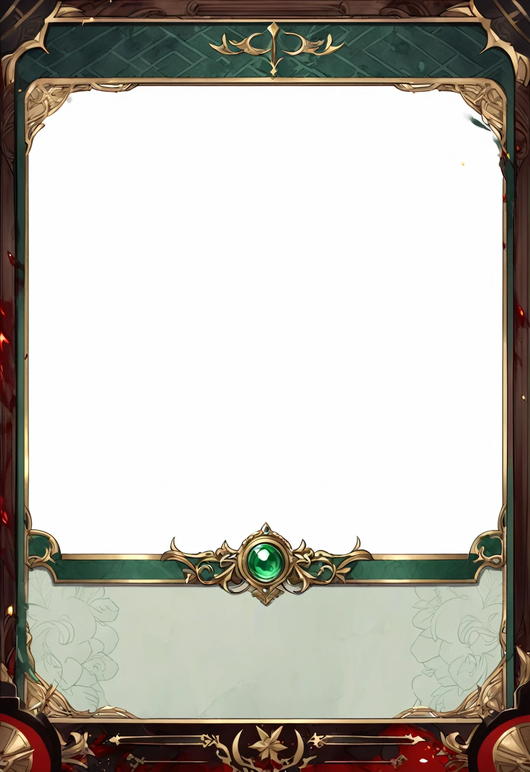A card border UI,Medieval European aristocracy design,Noble and elegant dark style,There are blood stains on the parchment backing.。Deep Red、Emerald Green、Gold main tone。