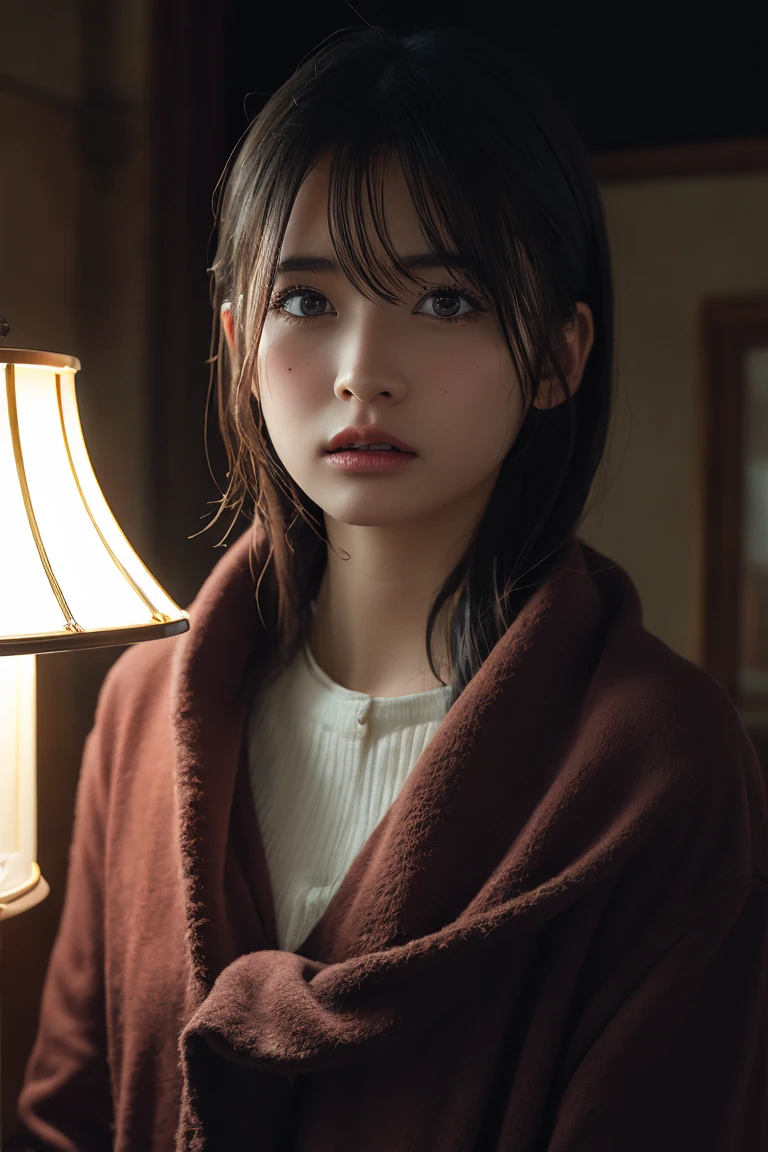 Woman with beautiful detailed eyes, Beautiful lip detail, and a very detailed face and long eyelashes,, Standing in the dimly lit interior of an old mansion, The lamplight shines on her cheeks, Wrapped in a towel after a bath, Watching the viewer directly, Very realistic, Realistic, 8k, Highest quality, masterpiece, Vibrant colors, Sharp focus, Physically Based Rendering, Very detailed explanation, Cinema Lighting, Dark and gloomy atmosphere, Dramatic chiaroscuro lighting.