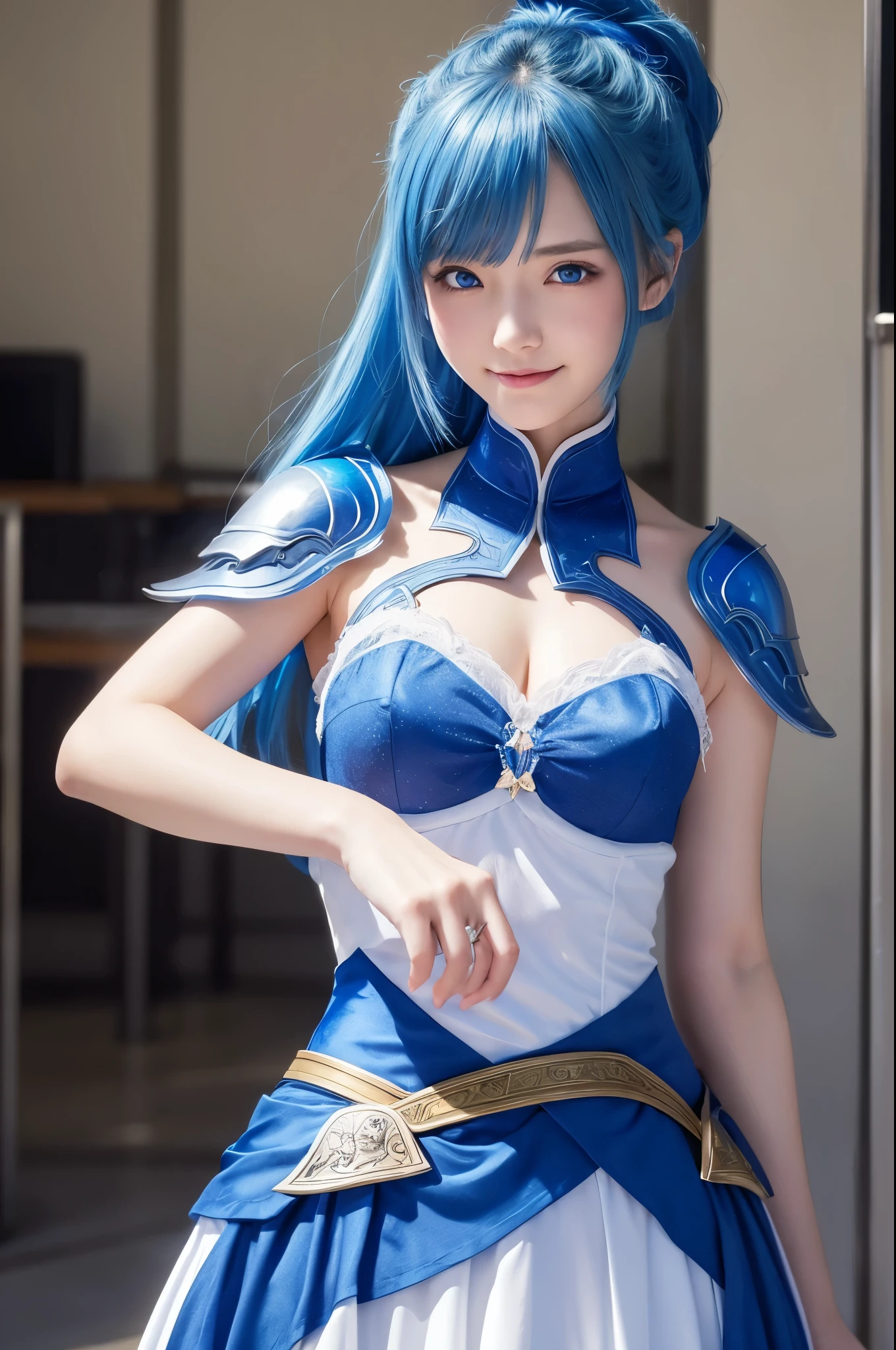8k,Close-up of a woman in a blue and white dress、Draw your sword,Shiny blue hair, Super Beauty,(Like the real thing)blue eyes,An innocent smile.ponytail,Chengwei Pan at Art Station、 By Yang Jo、 Detailed fantasy art、Amazing character art、 Fan Art Best Art Station、 Gorgeous and detailed character art、 Beautiful Armor、Highly detailed art gems、 Detailed digital animation art、 Art Station pixiv&#39;s artgerm、 Girl in armor,Dynamic Angle,Ultra-high resolution,Realistic Skin,attractive,Sexy,Active,Rich colors, Backlight, Cinema Lighting, Film Grain, 50mm lens, Nikon D850,Ultra-high resolution,Ultra-realistic,compensate,Super sexy,Big eyes,Beautiful breasts,Dynamic pose,Smiling with teeth showing,