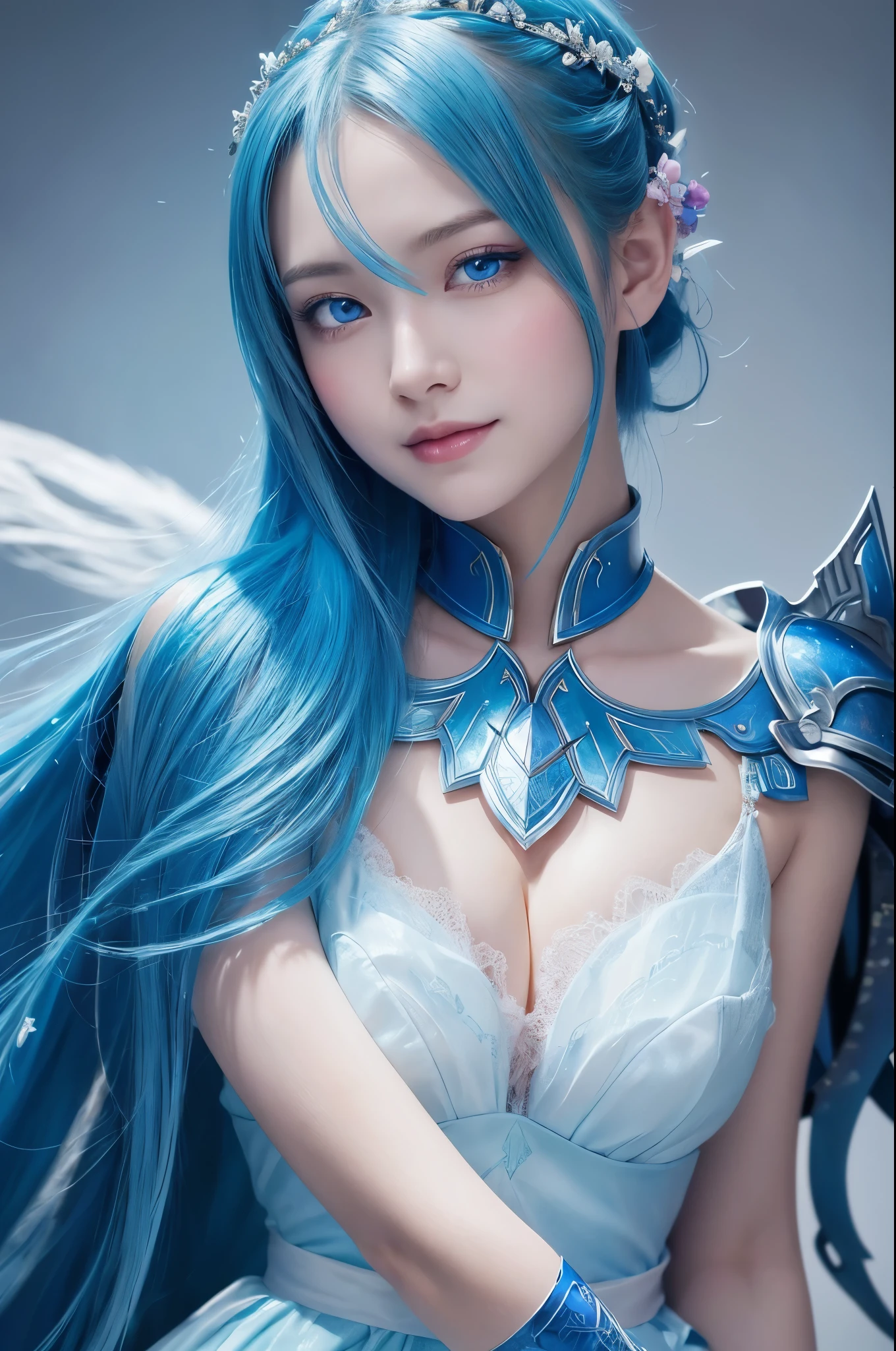 8k,Close-up of a woman in a blue and white dress、Draw your sword,Shiny blue hair, Super Beauty,(Like the real thing)blue eyes,An innocent smile.ponytail,Chengwei Pan at Art Station、 By Yang Jo、 Detailed fantasy art、Amazing character art、 Fan Art Best Art Station、 Gorgeous and detailed character art、 Beautiful Armor、Highly detailed art gems、 Detailed digital animation art、 Art Station pixiv&#39;s artgerm、 Girl in armor,Dynamic Angle,Ultra-high resolution,Realistic Skin,attractive,Sexy,Active,Rich colors, Backlight, Cinema Lighting, Film Grain, 50mm lens, Nikon D850,Ultra-high resolution,Ultra-realistic,compensate,Super sexy,Big eyes,Beautiful breasts,Dynamic pose,Smiling with teeth showing,