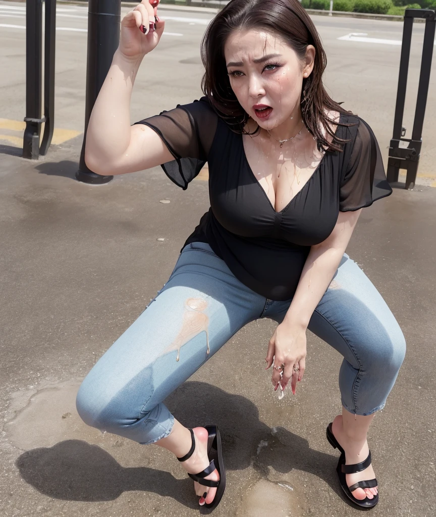1girl,(masterpiece:1.8),photo-realistic,16k,(beautiful 40s japanese plump lady:1.5),playground,crowd kids,(black chiffon blouse:1.5),(denim pants:1.2),(sandals:1.2),(handing on wetting crotch with both hands:1.3),(leaning forward:1.1),(leaking pee:1.7),(dripping pee:1.6),(blush:1.8),(panicking:1.7),(sobbing:1.6),(brown hair:1.2),long hair,straight hair,black eyes,(attractive older woman:1.1),mature woman,MILF,curvy,huge breasts, (makeup,lipstick,eyeliner,mascara,eyeshadow:1.3)