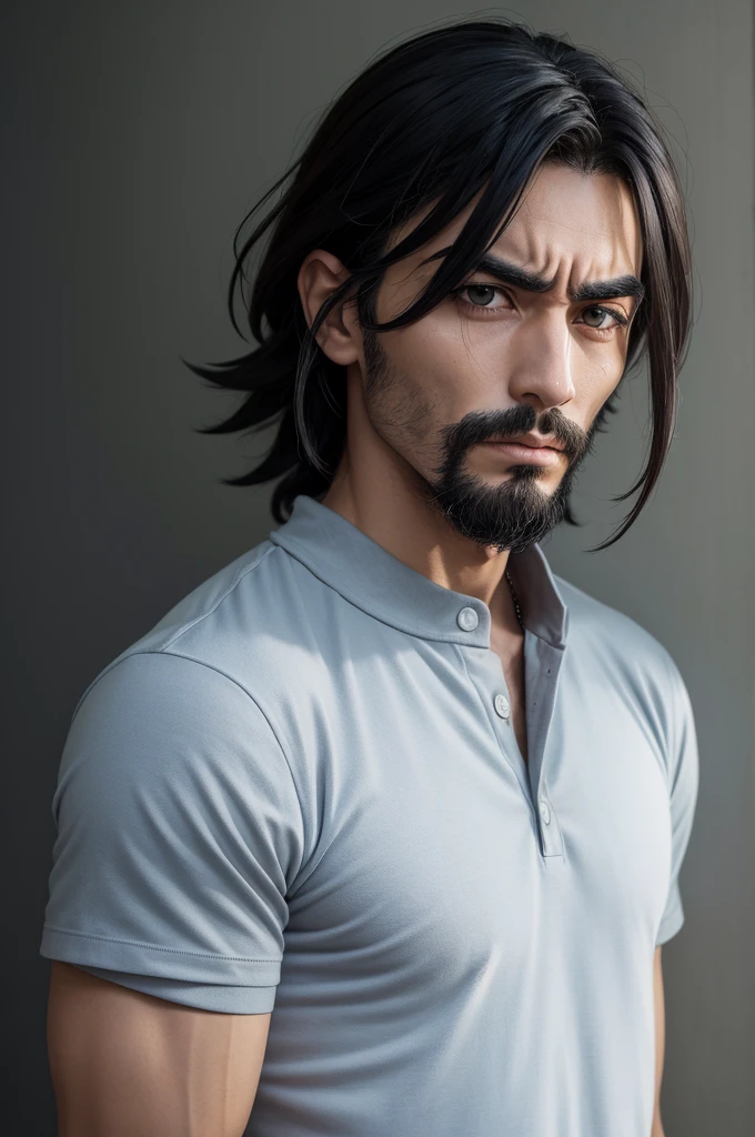 crie um personagem de anime, masculino, cabelo castanho muito escuro, olhos castanhos escuros, camisa preta simples e folgada, moletom preto acinzentado e grande, pele branca, serious and slightly threatening expression.