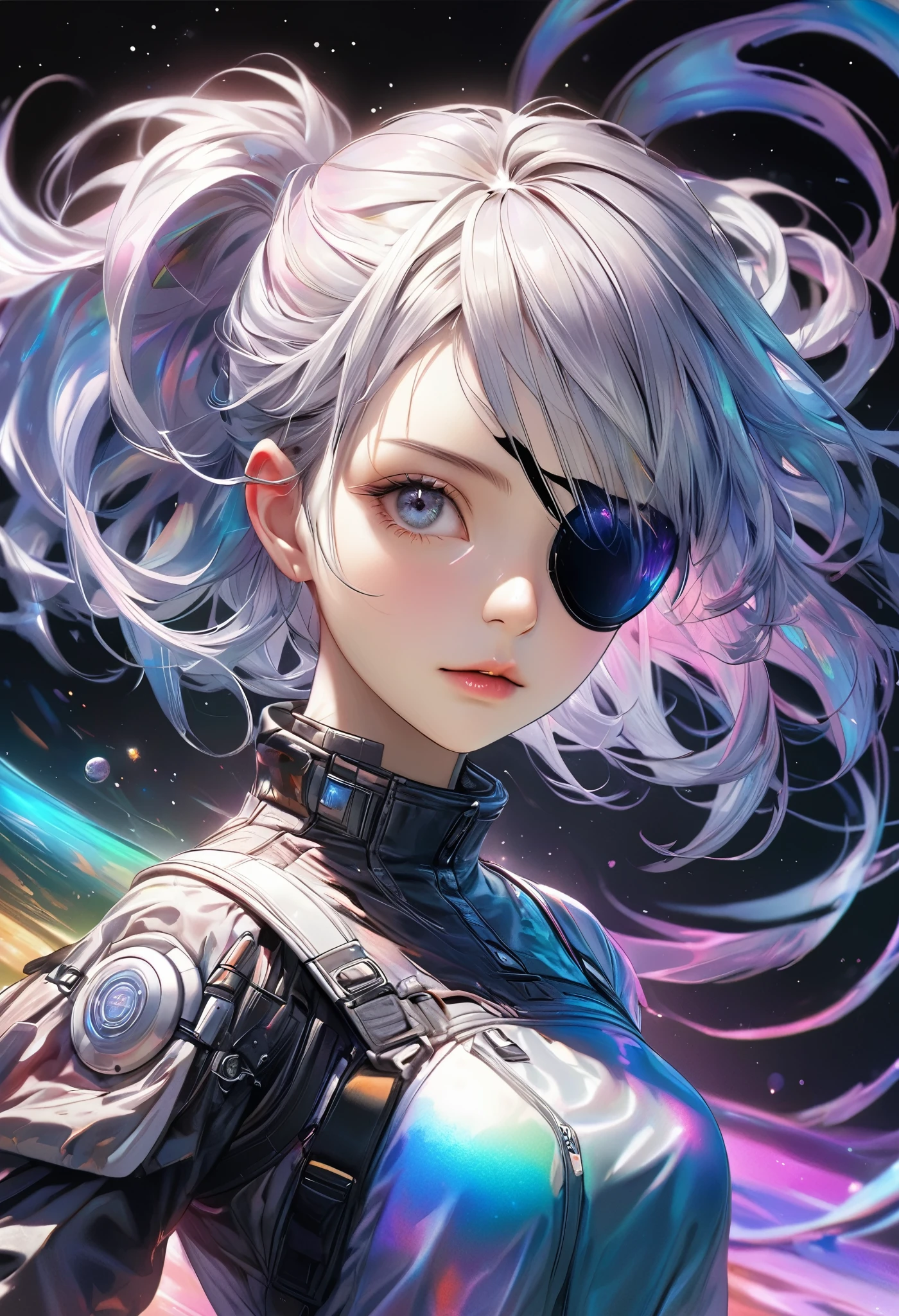 ([Eye patch:Expanding black hole:0.5], Swirling Galaxy, no gravity), Absurd aesthetics, 
BREAK holographic, Fantastic iridescent colors, cyber punk, 
BREAK Ultra-realism, Detailed and realistic skin texture, Detailed and intricate texture, Detailed and intricate brushwork, Detailed and clear depiction, Anatomically correct, Absurd aesthetics, 
BREAK A dark background that makes the subject stand out, 
BREAK Dramatic Cinematic Lighting, 
BREAK A powerful and bold composition, 
Transparent Full color, 
Dynamic face shot, 
BREAK Re-drawing into a clear and vivid work, highest quality render, Highest quality, Highest Resolution, 
Transparent Full color, Ultra-Realistic, 