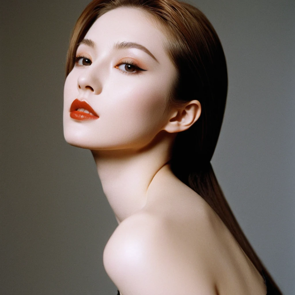 Photograph by Serge Lutens (1.8), pale skin, evil slavic woman, long dark blond hair, in profile, wide angle dim atmosphere, dark atmosphere, stunning, modern, dark, clean, artsy indoor surrounding, casting a dreamlike atmosphere eyes reflect some light, Shiseido-style Vogue-Style 1990s style and setting Various gentle half body poses and angles Consistent facial and body features Photorealistic and highly detailed Artistic and evocative High-quality finish Ensuring vibrant, detailed features Technical details: wide angle lens Selective focus with Kodak film effect: 1.2 Shallow depths of field