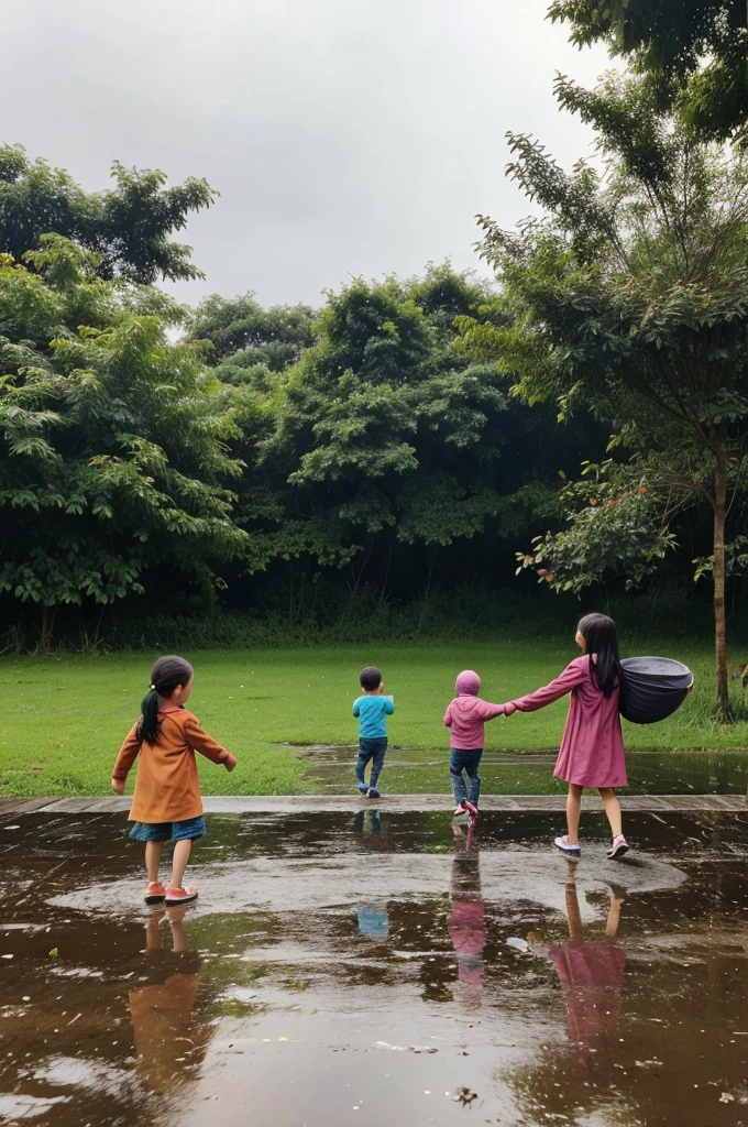 Nature with lots of colours and children playing in rain , birds are giving a beautiful view in that picture