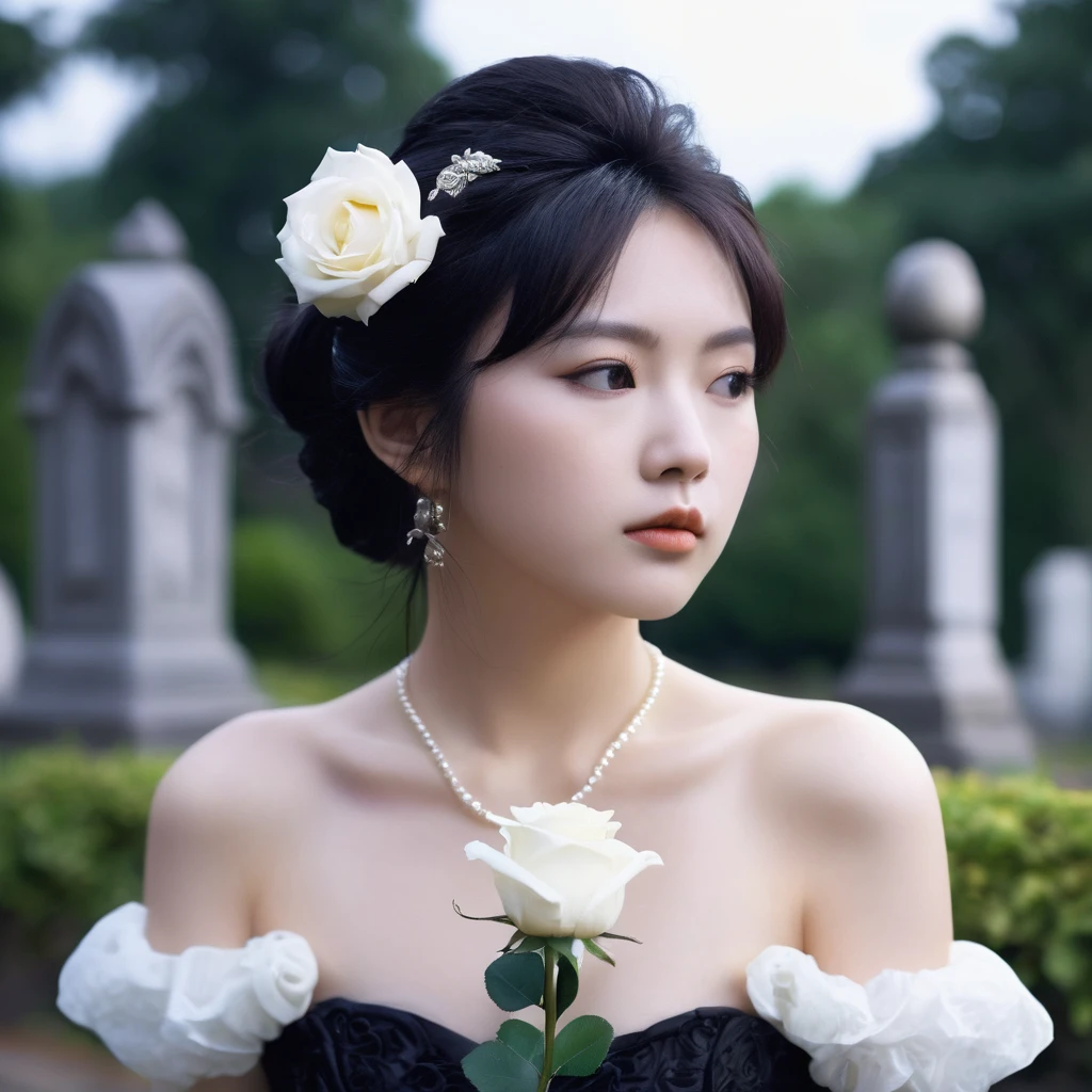 (masterpiece), (extremely intricate:1.3), (realistic), photo of a a bit chubby charming pale Japanese teen girl wearing a short black shoulderless gothic dress holding a white rose, (baroque hairstyle), plan american, spooky graveyard at night, professional photograph of a stunning teen girl detailed, sharp focus, dramatic, award winning, cinematic lighting, volumetrics dtx, (film grain, blurry background, blurry foreground, bokeh, depth of field, night, motion blur:1.3), 4k, 8k, hd, hdr