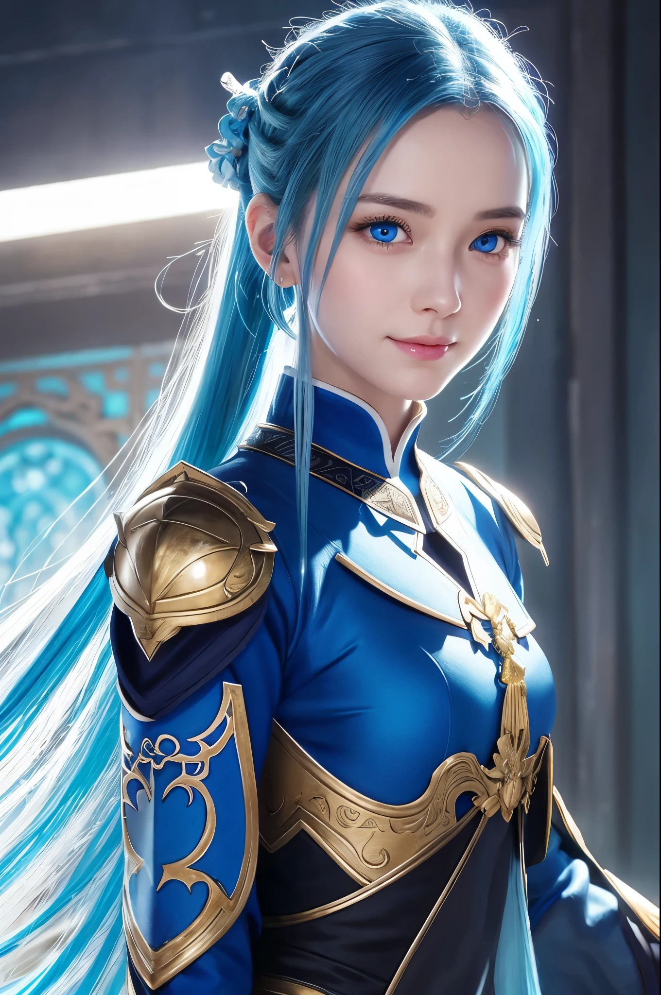 8k,Close-up of a woman in a blue and white dress、Draw your sword,Shiny blue hair, Super Beauty,(Like the real thing)blue eyes,An innocent smile.ponytail,Chengwei Pan at Art Station、 By Yang Jo、 Detailed fantasy art、Amazing character art、 Fan Art Best Art Station、 Gorgeous and detailed character art、 Beautiful Armor、Highly detailed art gems、 Detailed digital animation art、 Art Station pixiv's artgerm、 Girl in armor,Dynamic Angle,Ultra-high resolution,Realistic Skin,attractive,Sexy,Active,Rich colors, Backlight, Cinema Lighting, Film Grain, 50mm lens, Nikon D850,Ultra-high resolution,Ultra-realistic,compensate,Super sexy,Big eyes,Beautiful breasts,Dynamic pose,Smiling with teeth showing,
