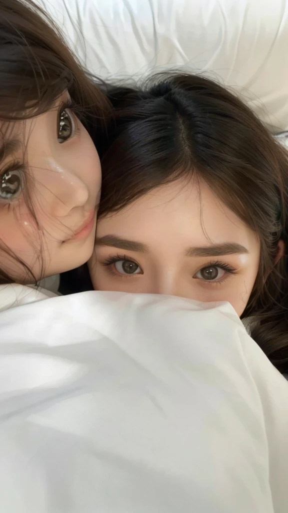 there are two girls that are laying down together in bed, with big eyes, pokimane, close up at face, lovingly looking at camera, i see you, frightened look, annoying sister vibes, look me inside of my eyes, with cute doting eyes, close up face, hand on cheek, third eyes middle of foreheads, white detailed eyes