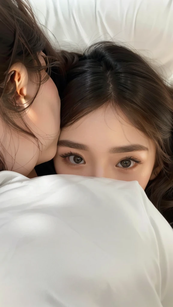 there are two girls that are laying down together in bed, with big eyes, pokimane, close up at face, lovingly looking at camera, i see you, frightened look, annoying sister vibes, look me inside of my eyes, with cute doting eyes, close up face, hand on cheek, third eyes middle of foreheads, white detailed eyes