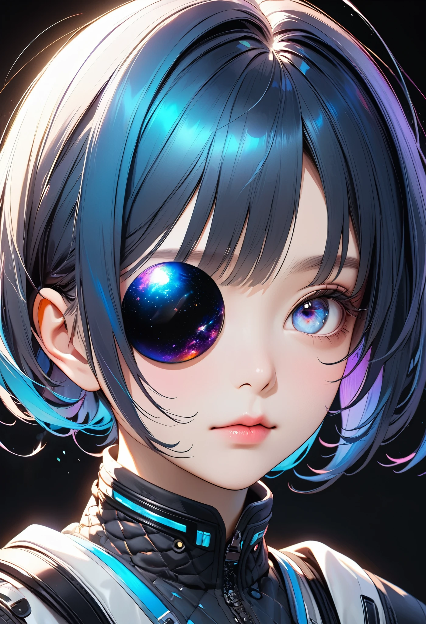 ([Eye patch:Expanding, swirling galaxy:0.25], Black Hole, no gravity), Absurd aesthetics, 
BREAK holographic, Fantastic iridescent colors, cyber punk, 
BREAK Ultra-realism, Detailed and realistic skin texture, Detailed and intricate texture, Detailed and intricate brushwork, Detailed and clear depiction, Anatomically correct, Absurd aesthetics, 
BREAK A dark background that makes the subject stand out, 
BREAK Dramatic Cinematic Lighting, 
BREAK A powerful and bold composition, 
Transparent Full color, 
Dynamic face shot, 
BREAK Re-drawing into a clear and vivid work, highest quality render, Highest quality, Highest Resolution, 
Transparent Full color, Ultra-Realistic, 